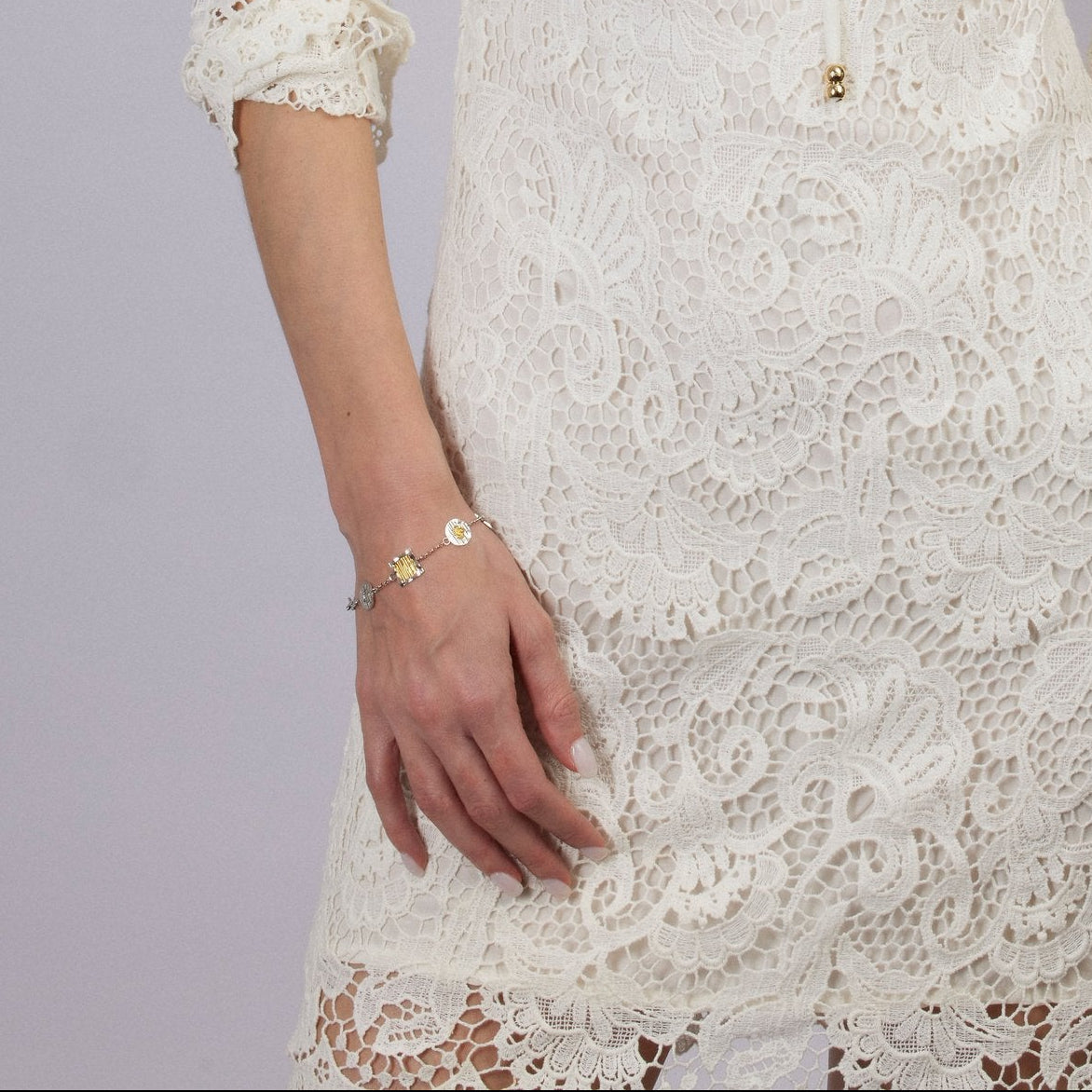 Close-up of a person wearing a white lace dress with a plain background