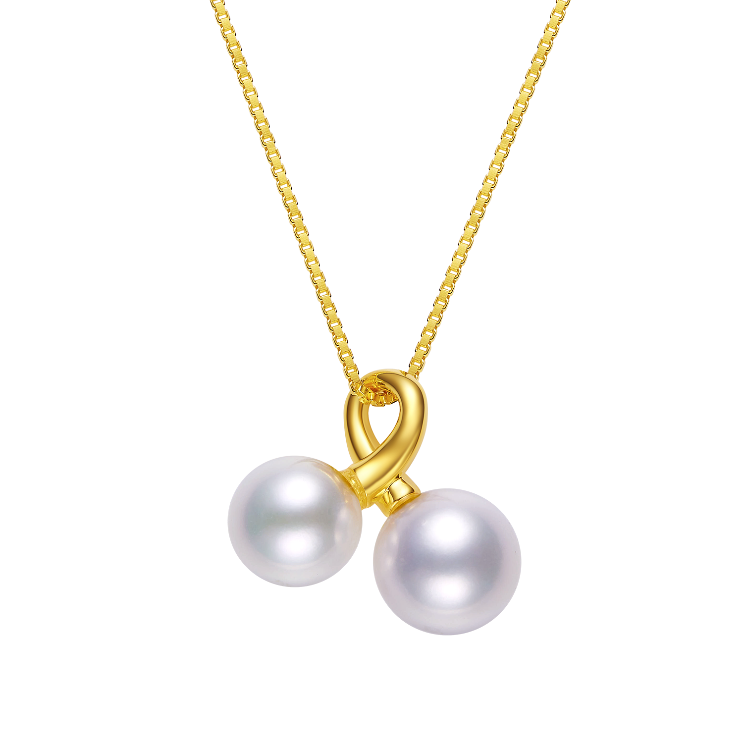 Gold necklace with two pearls on a white background