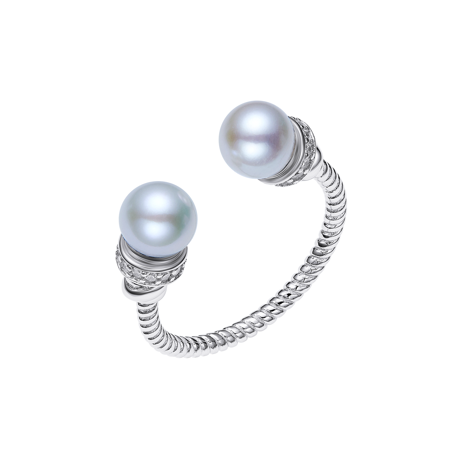 Pearl ring with silver band on a white background