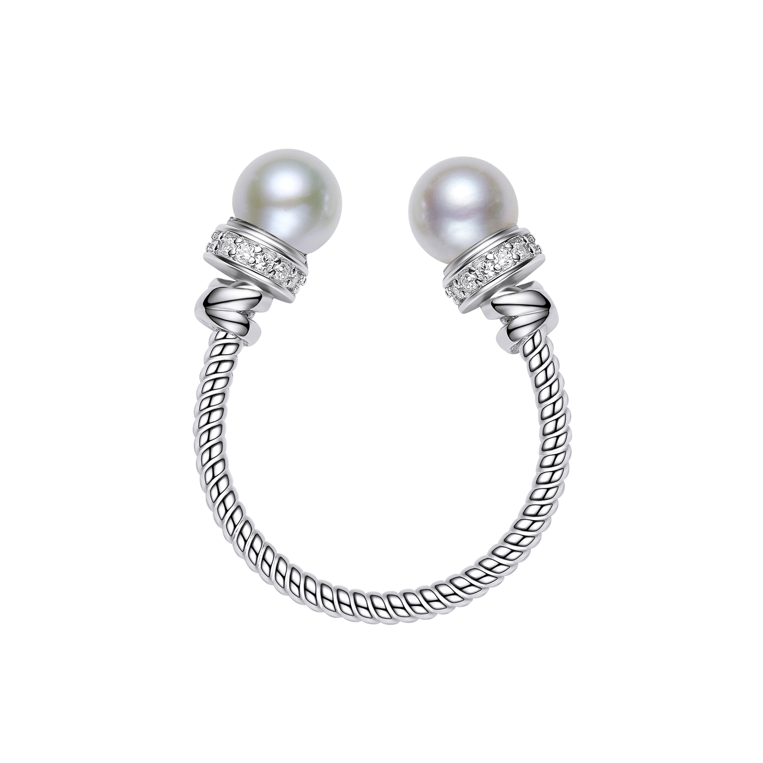 Pair of pearl earrings with silver and diamond accents on a white background