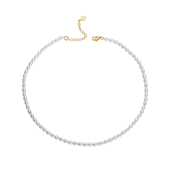 Pearl necklace with gold clasp on a white background
