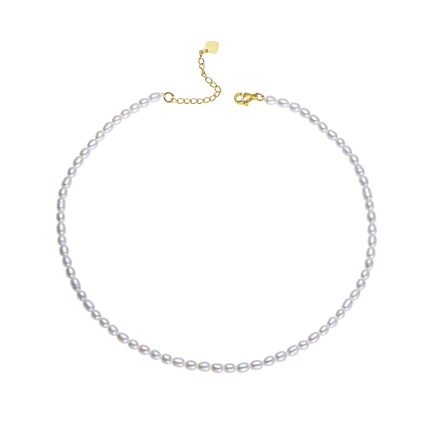 Pearl necklace with gold clasp on a white background