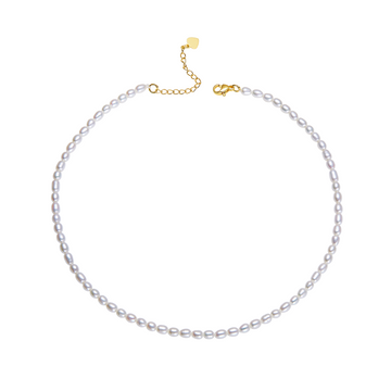 Pearl necklace with gold clasp on a white background