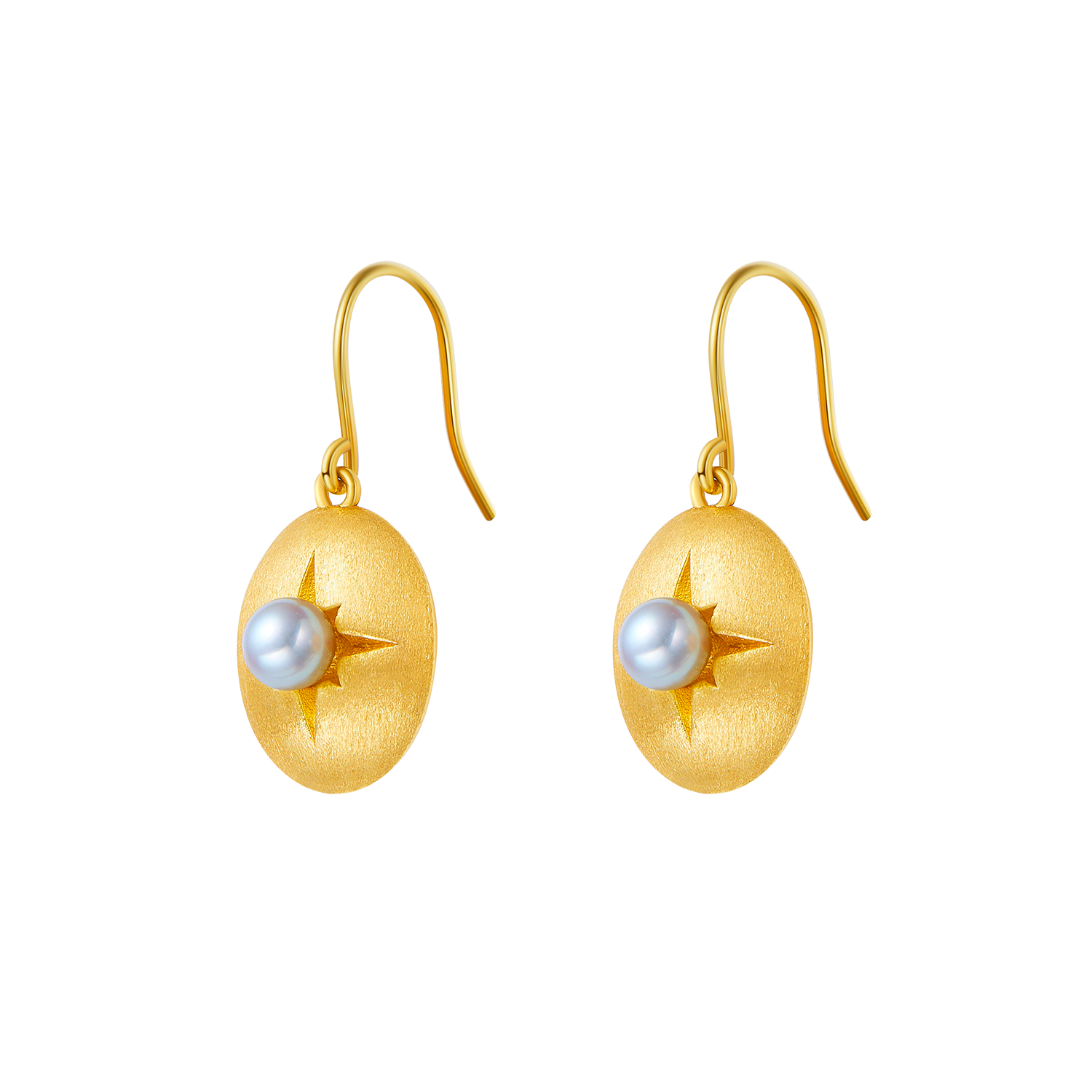 Gold earrings with pearl centers on a white background