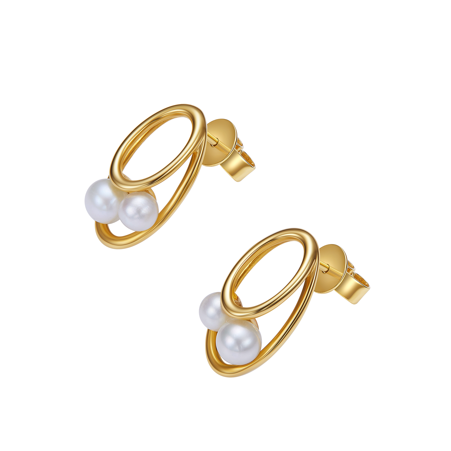 Gold hoop earrings with pearl beads on a white background