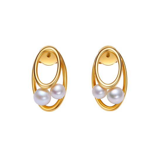 Gold earrings with pearls on a white background