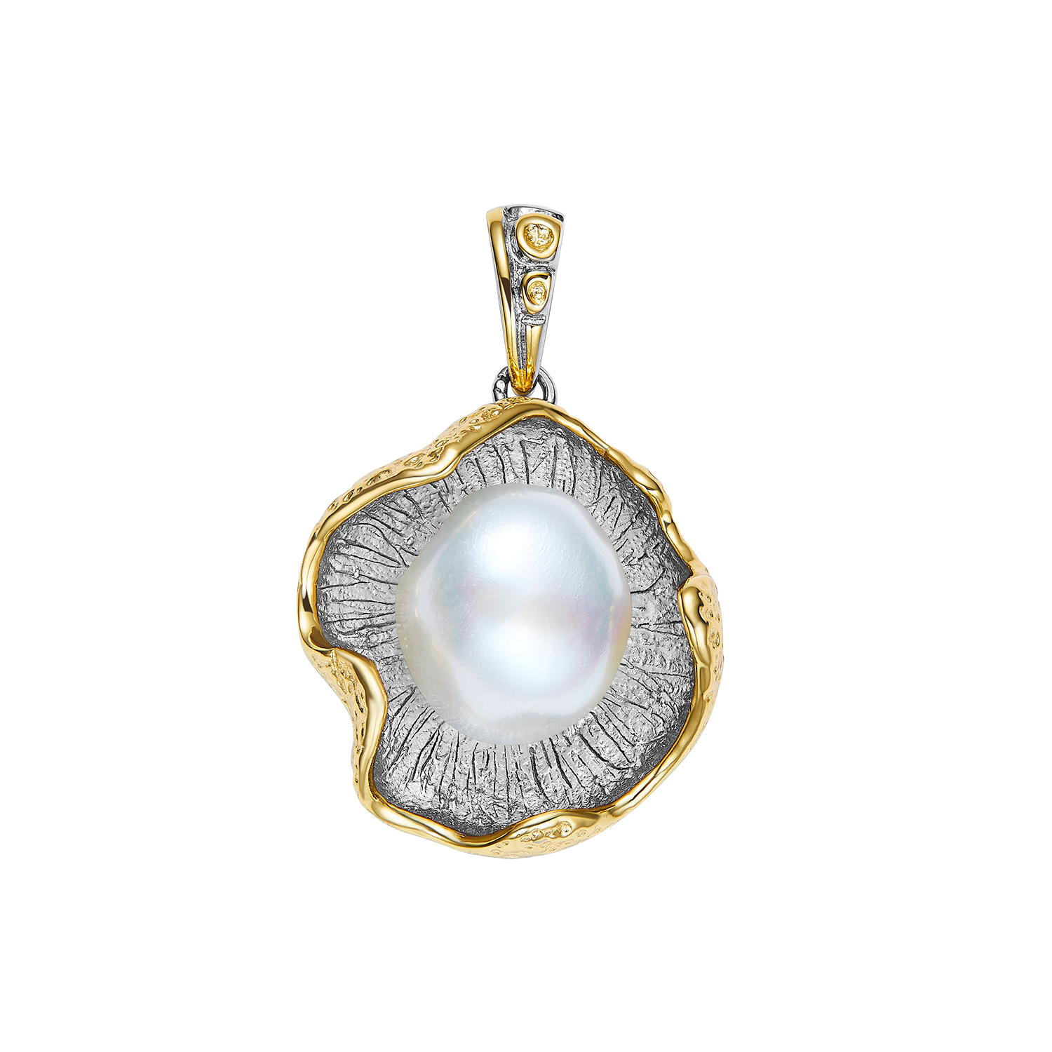 Gold and silver pendant with a central pearl on a white background