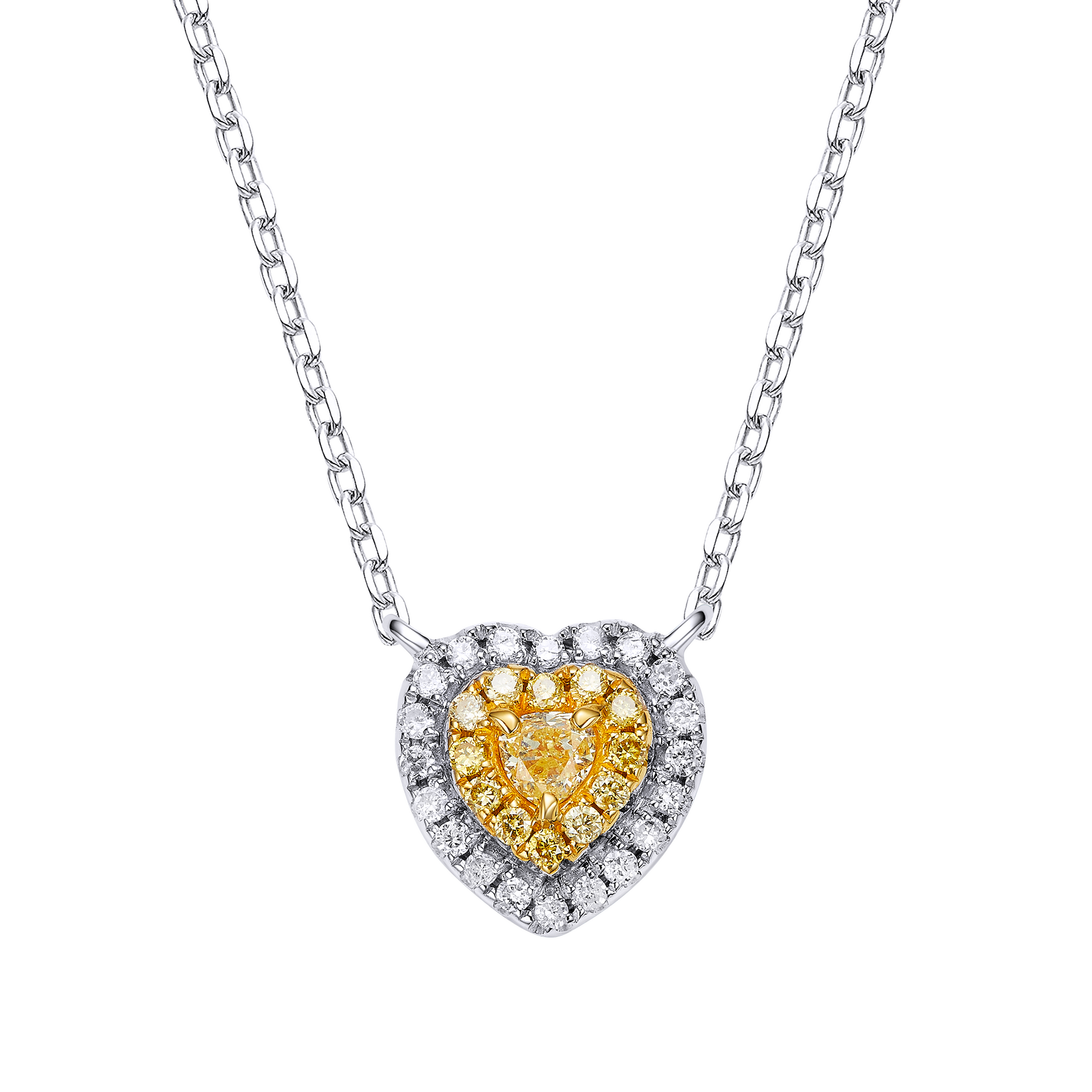 Heart-shaped diamond pendant with yellow center and white border on a chain against a white background