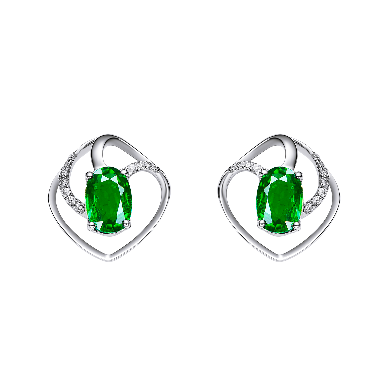 Heart-shaped earrings with green gemstones on a white background