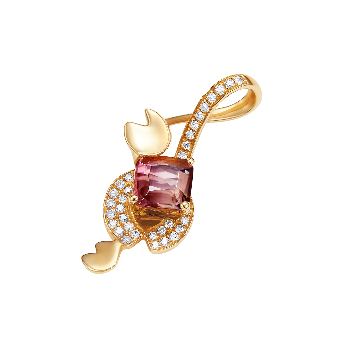 Gold pendant with pink gemstone and diamond accents on a white background