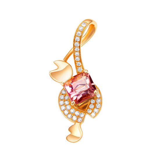 Gold pendant with a pink gemstone and diamond accents on a white background