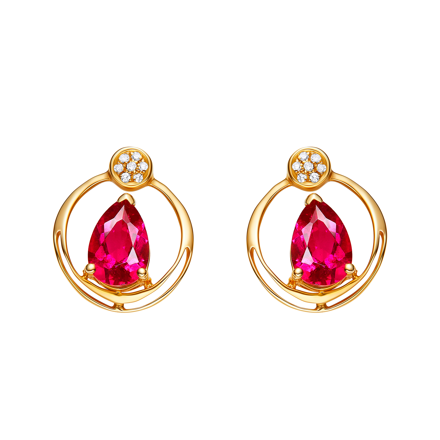 Gold earrings with red gemstones on a white background