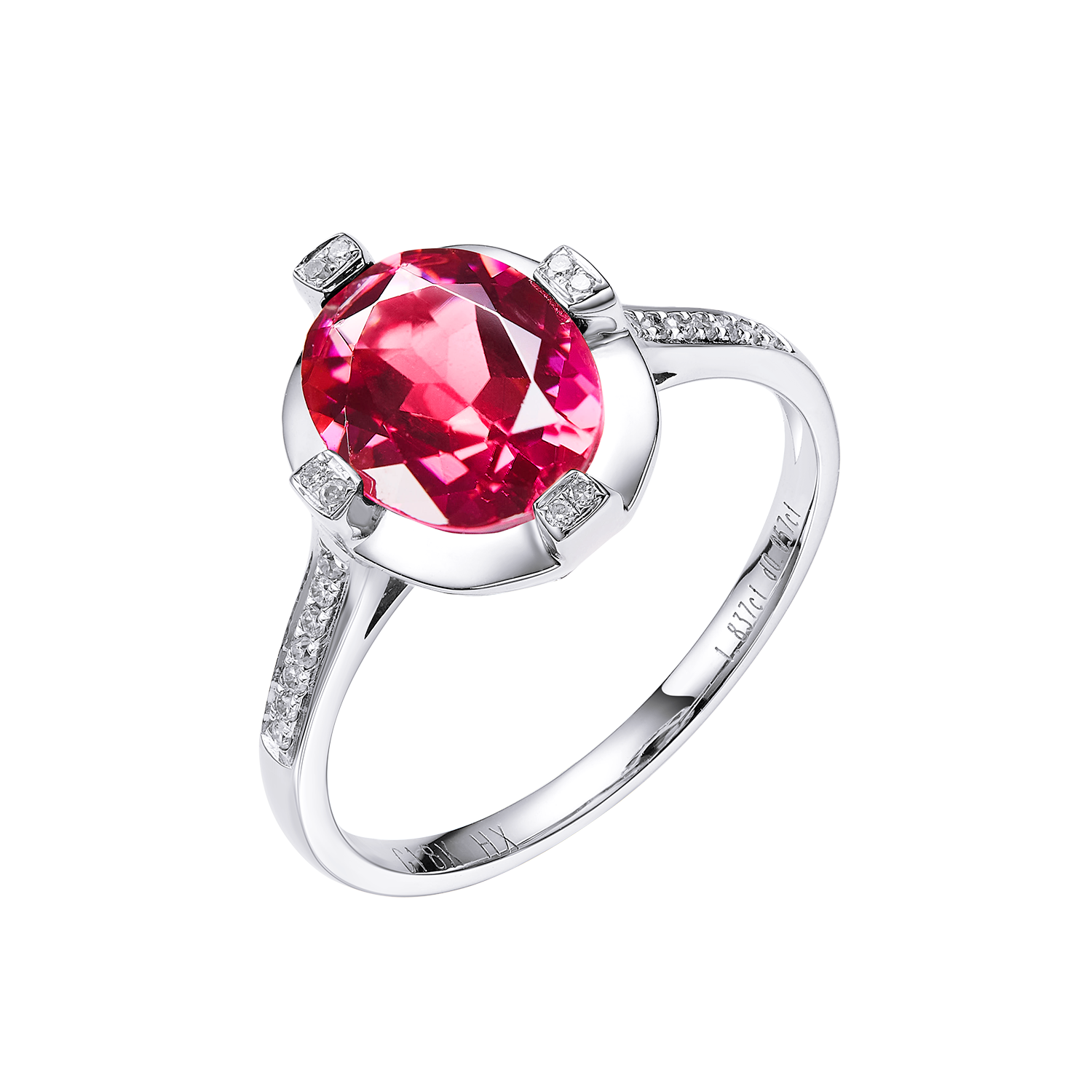 White Gold ring with a pink gemstone on a white background