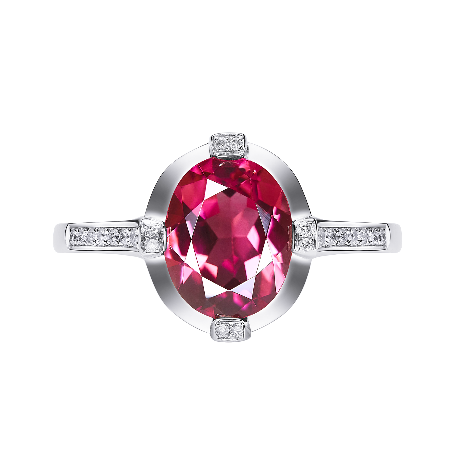 Ring with a large red gemstone and smaller diamonds on a white background