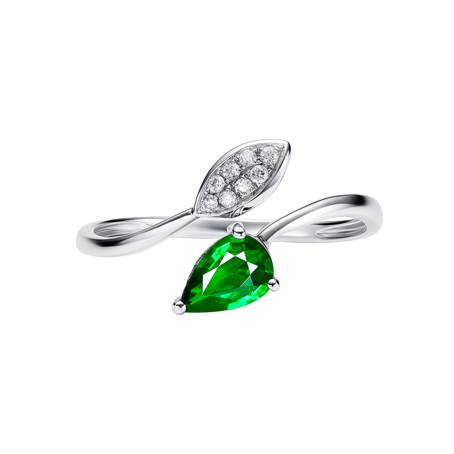Silver ring with green gemstone and diamond accents on a white background