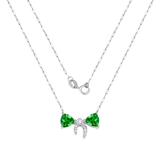 Necklace with green gemstone bow pendant on a white background