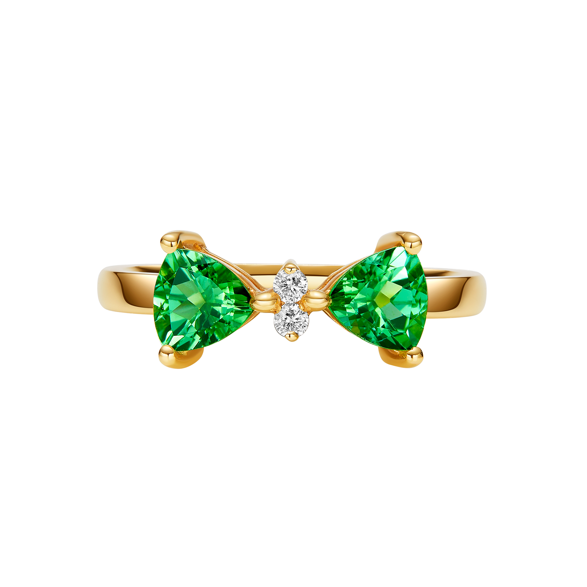 Gold ring with green gemstones on a white background