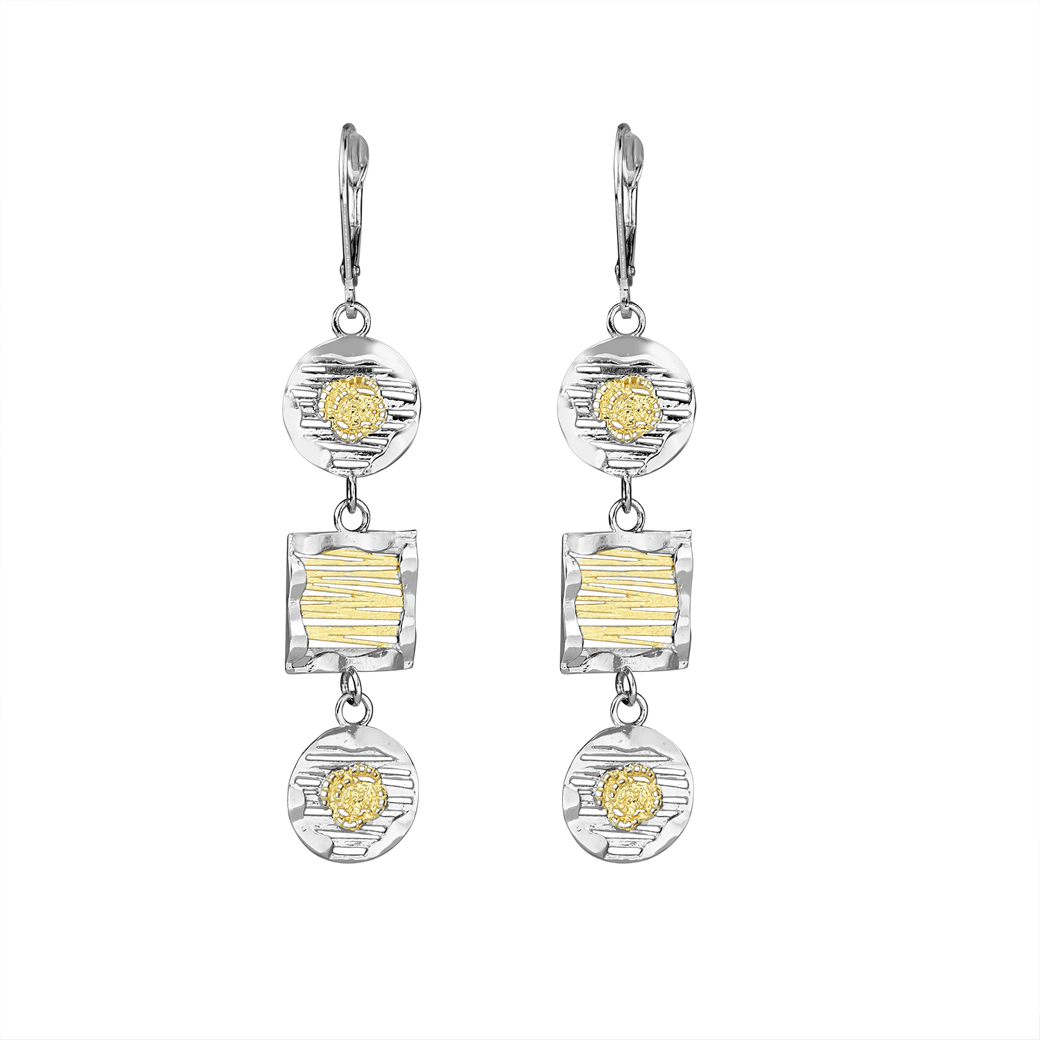 Pair of silver and gold earrings on a white background