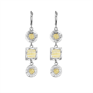 Pair of silver and gold earrings on a white background