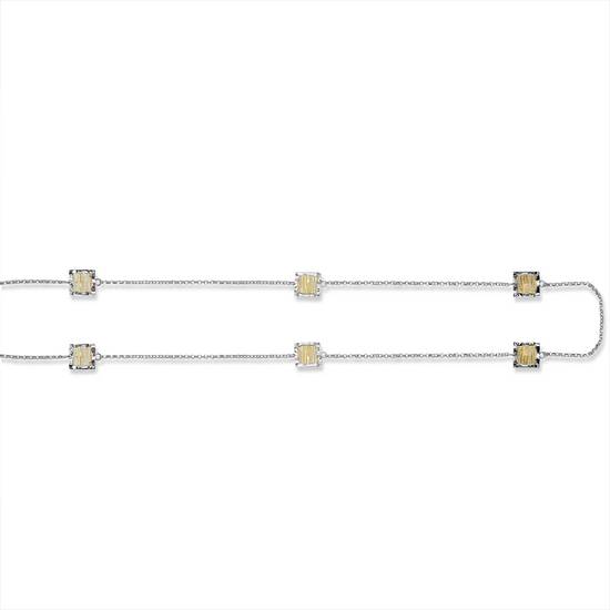 Silver bracelet with small square charms on a white background