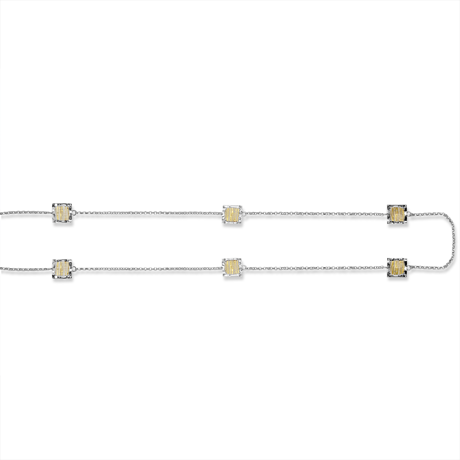 Silver bracelet with small square charms on a white background