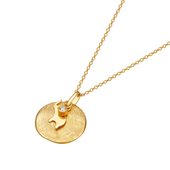 Gold necklace with a round pendant and a small diamond on a white background