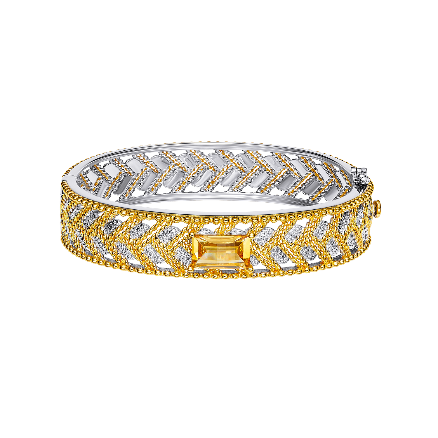 Gold and silver bracelet with a central yellow gemstone on a white background