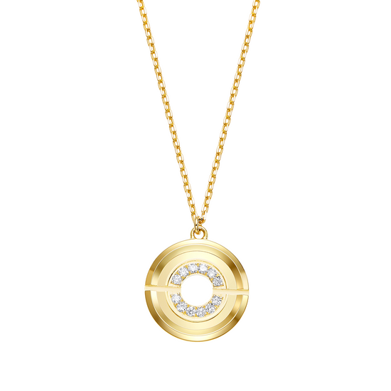 Gold necklace with a circular pendant on a white background