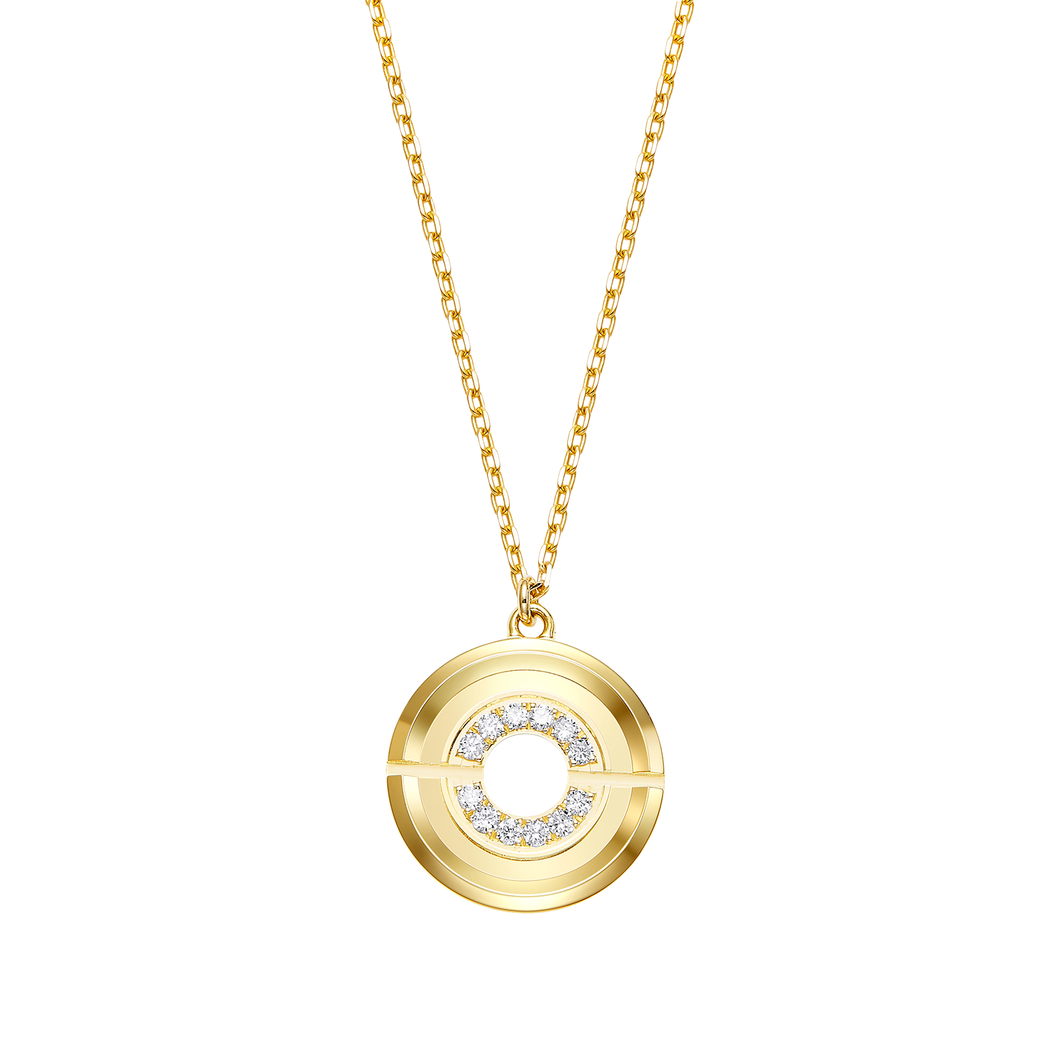 Gold necklace with a circular pendant on a white background