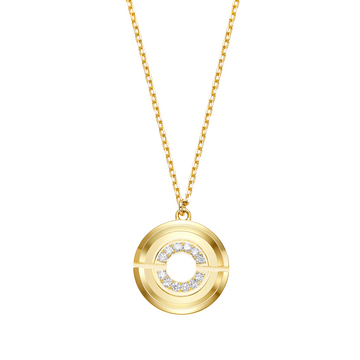Gold necklace with a circular pendant on a white background