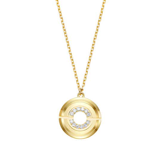 Gold necklace with a circular pendant on a white background
