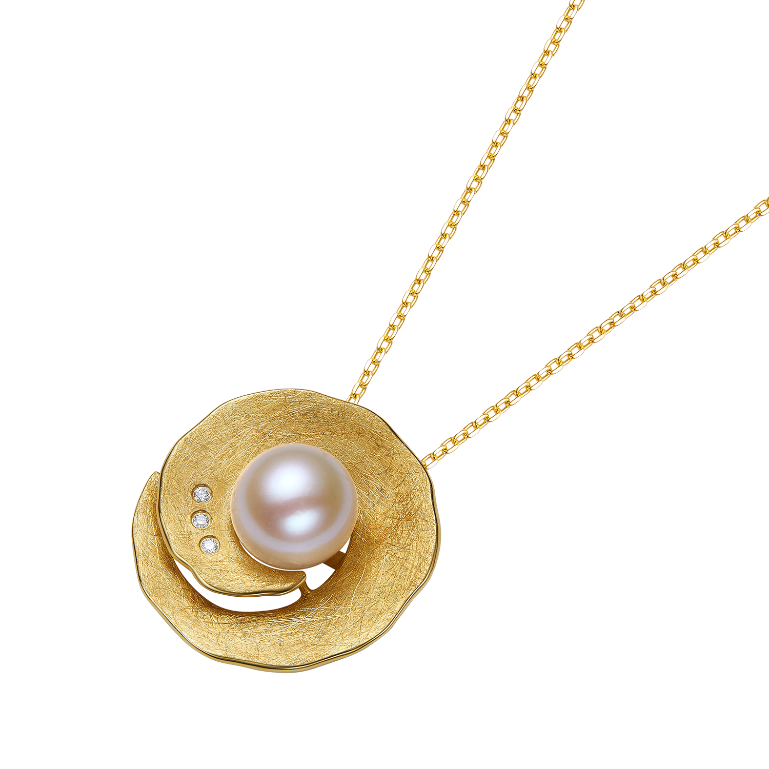 Gold necklace with a pearl pendant on a white background