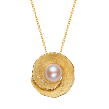 Gold necklace with a pearl pendant on a white background