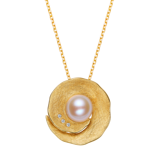 Gold necklace with a pearl pendant on a white background
