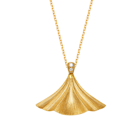 Gold necklace with a fan-shaped pendant on a white background