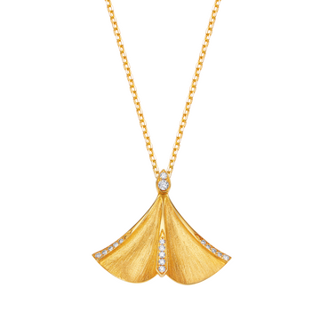 Gold necklace with a fan-shaped pendant on a white background