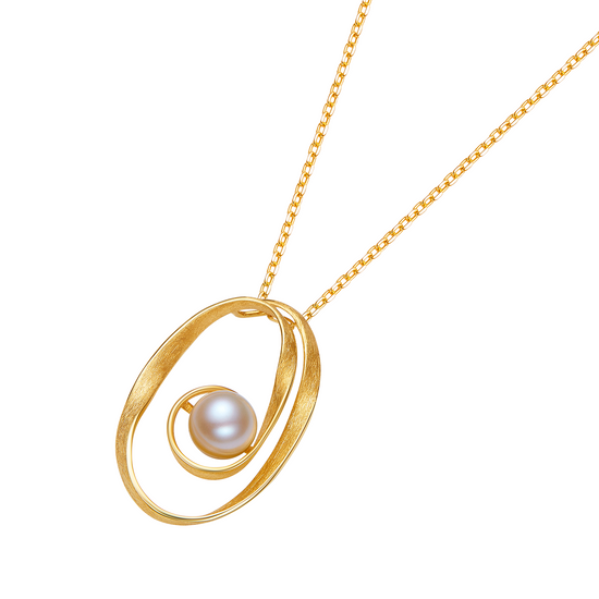 Gold necklace with a pearl pendant on a white background