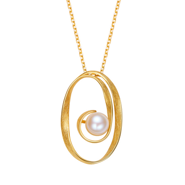 Gold necklace with a circular pendant featuring a pearl on a white background