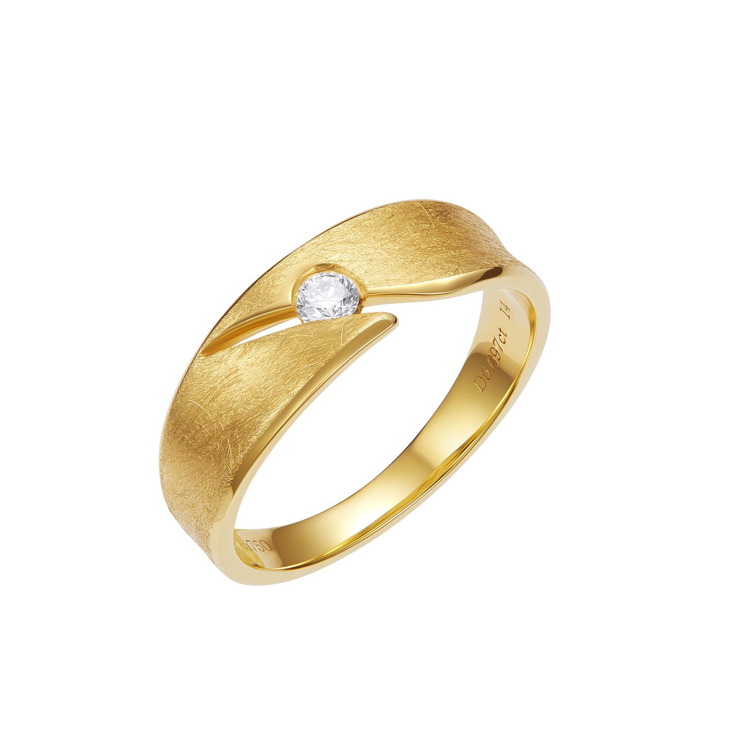 Gold ring with a diamond on a white background