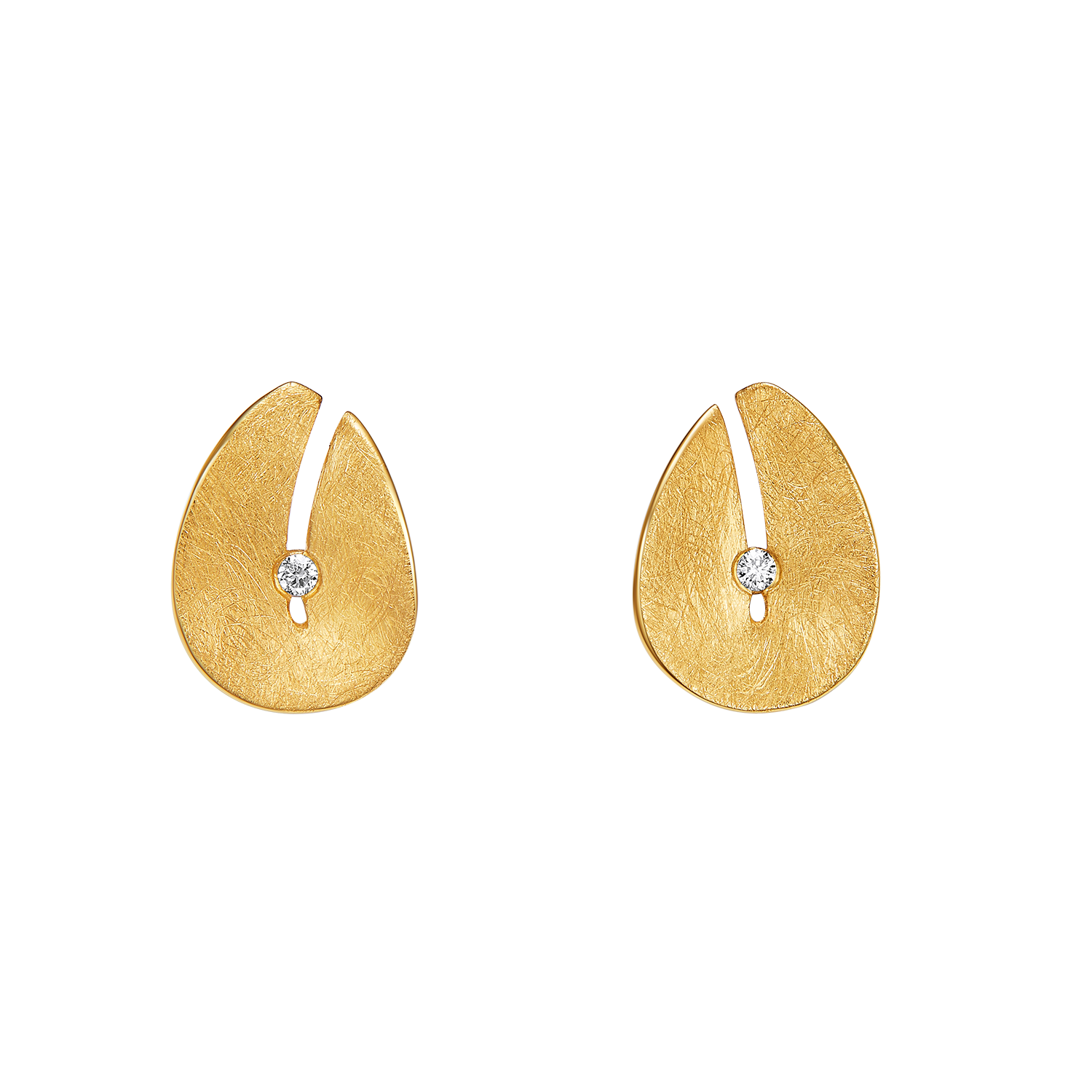 Gold earrings with a central gemstone on a white background