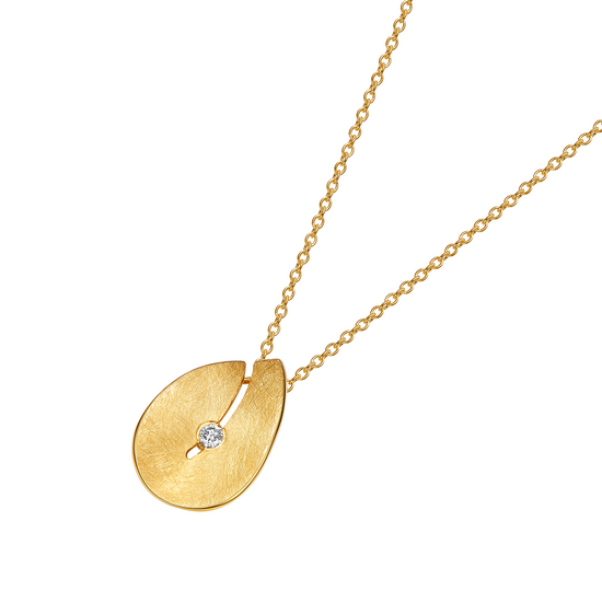 Gold necklace with a diamond pendant on a white background