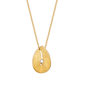 Gold necklace with a unique pendant on a white background