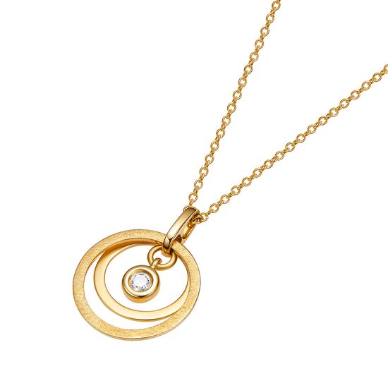Gold necklace with a circular pendant on a white background