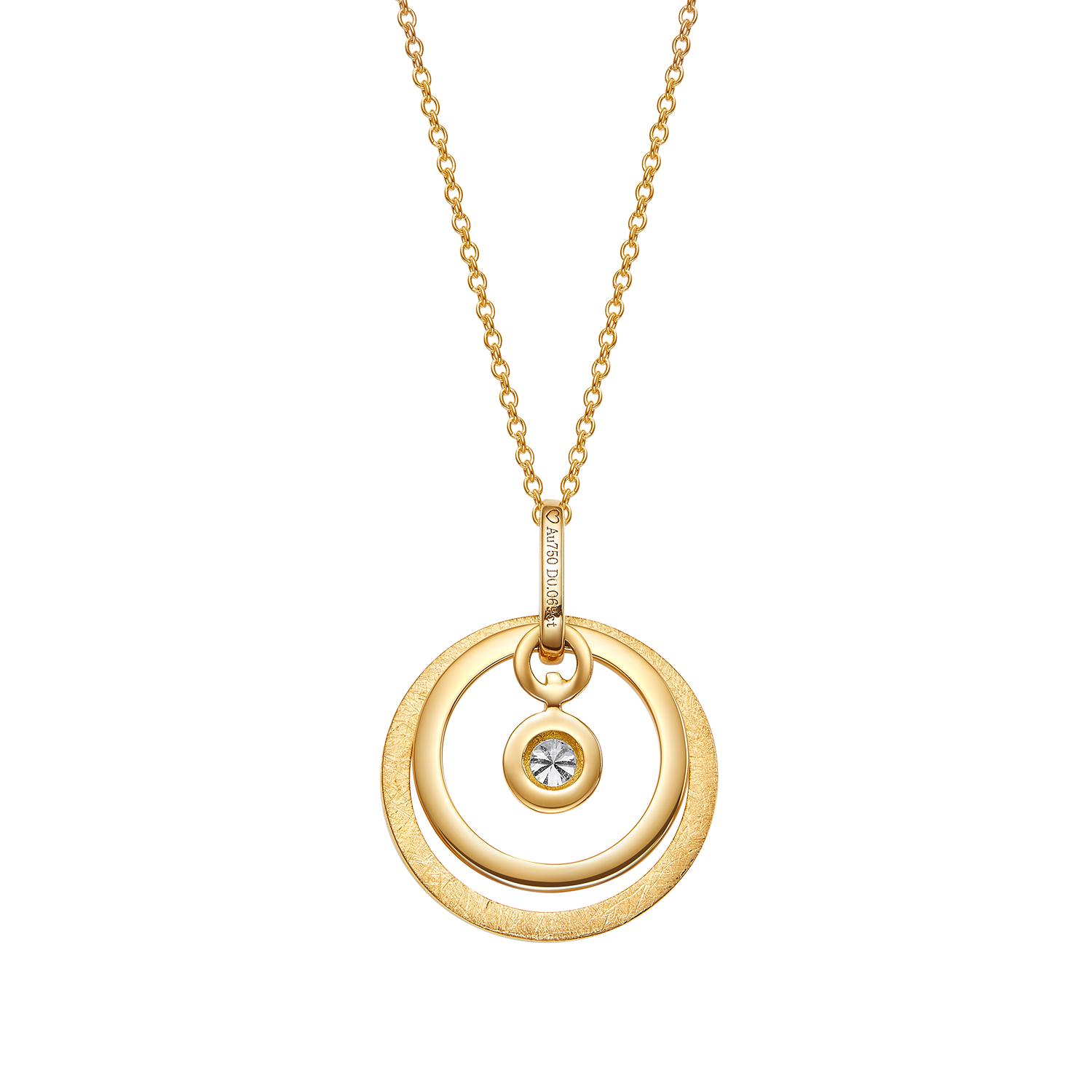 Gold necklace with a circular pendant on a white background