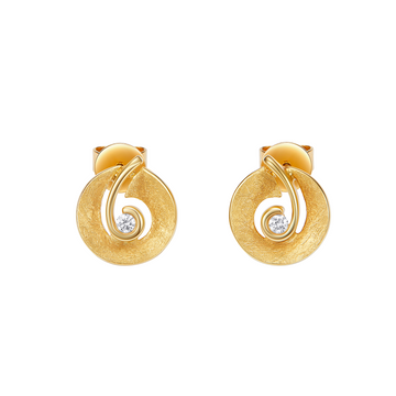 Pair of gold spiral earrings with small diamonds on a white background