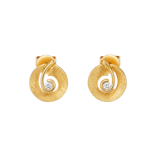 Pair of gold spiral earrings with small diamonds on a white background