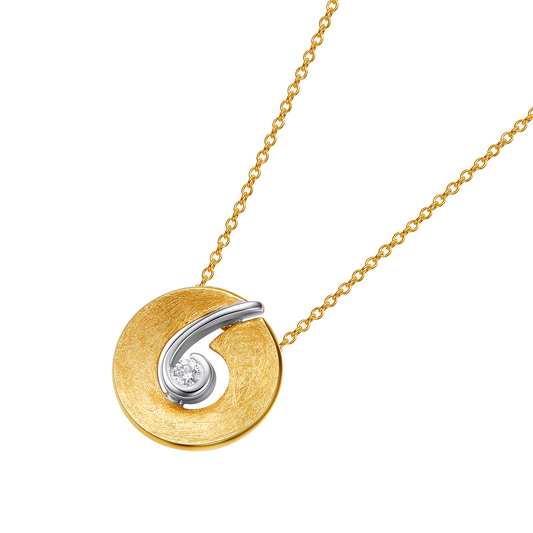 Gold necklace with a circular pendant featuring a diamond on a white background