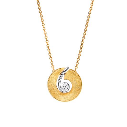 Gold necklace with a circular pendant featuring a diamond on a white background