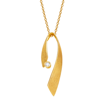 Gold pendant necklace with a diamond on a white background