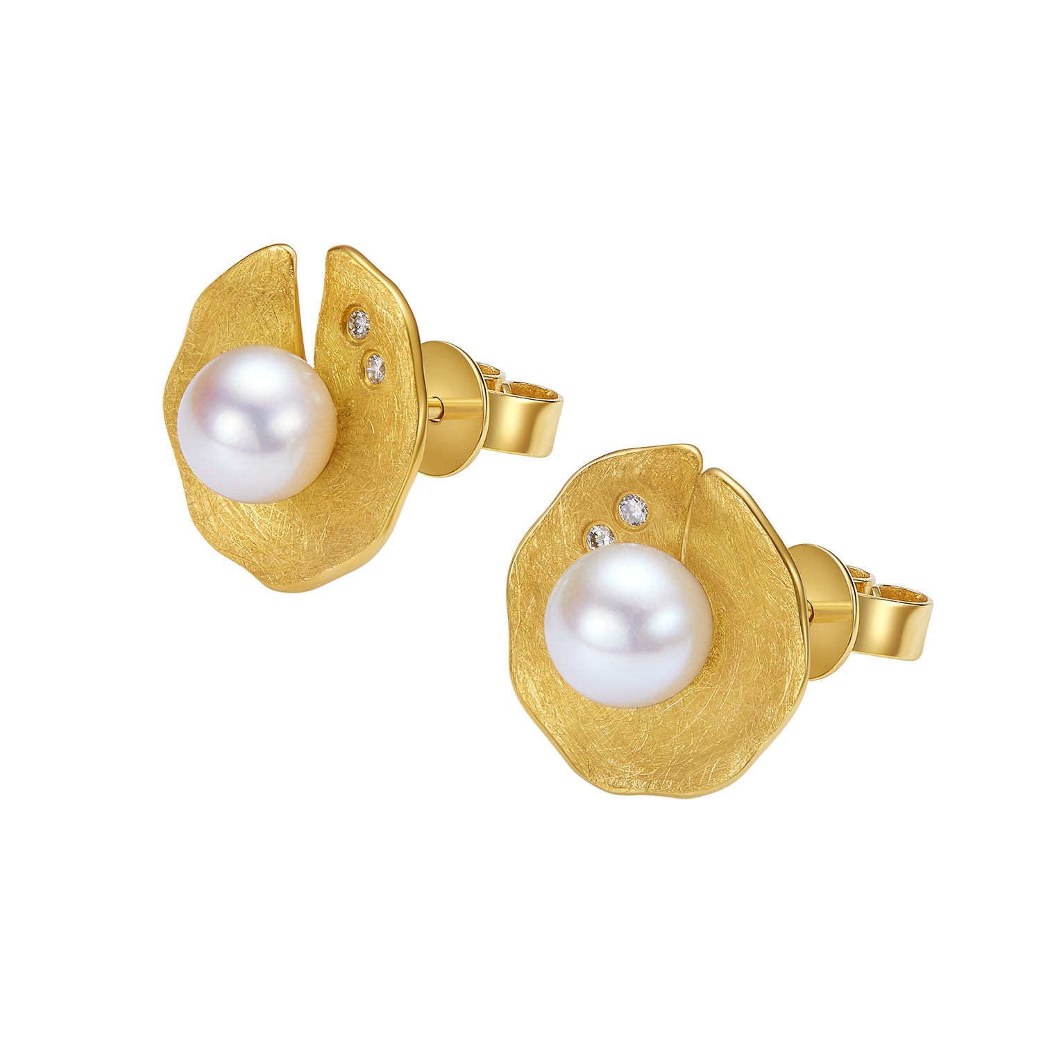 Gold earrings with pearls on a white background
